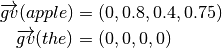 \overrightarrow{gv}(apple) &= (0, 0.8, 0.4, 0.75)\\
\overrightarrow{gv}(the) &= (0, 0, 0, 0)